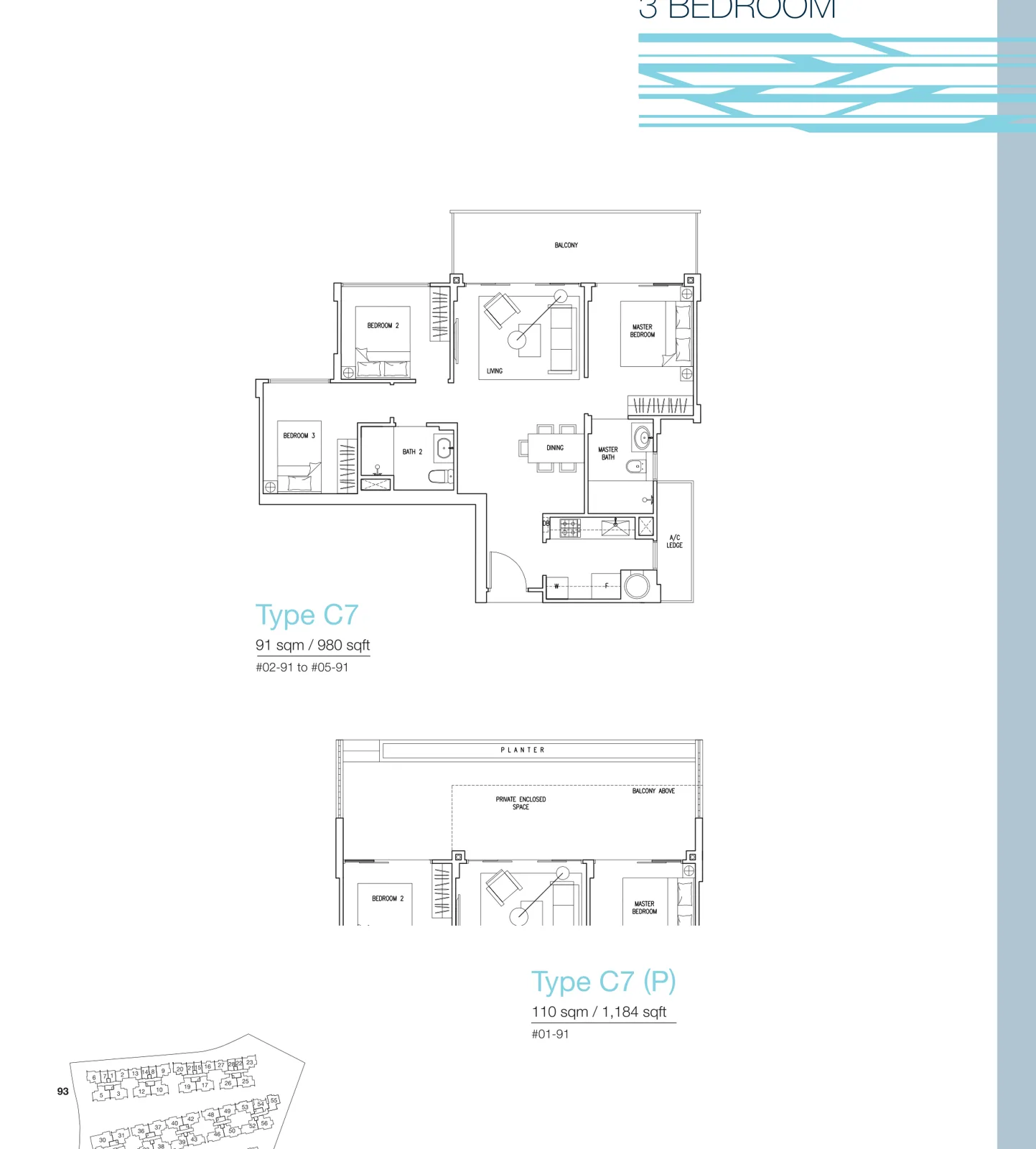 The Nautical floor plan, type C7: 3-Bedroom, 980 sq ft