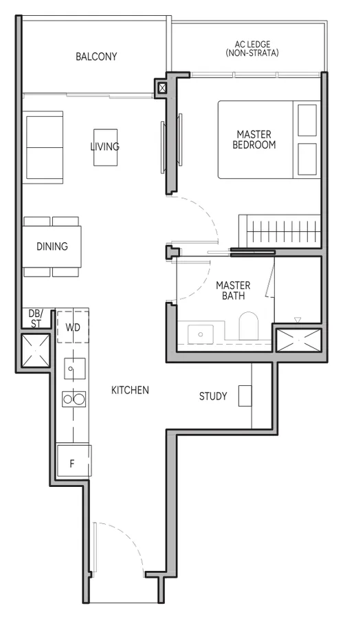 The Orie floor plan, type A1S: 1-Bedroom + Study, 517 sq ft