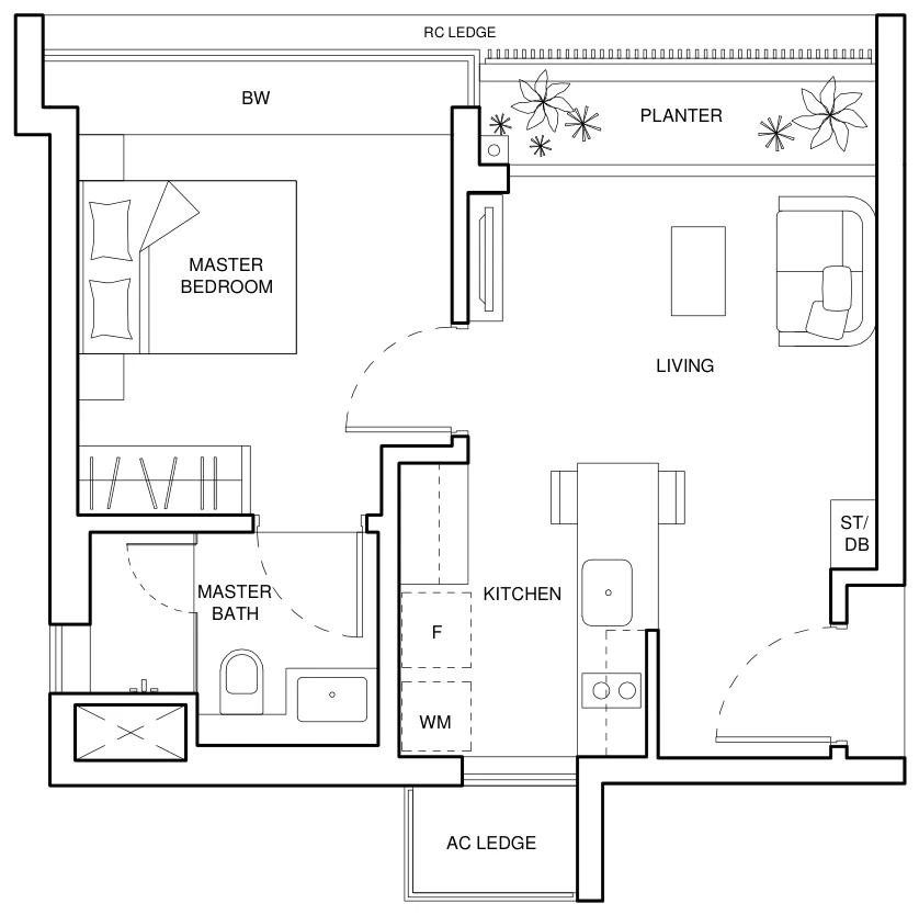 The Palette floor plan, type A1a-1: 1-Bedroom, 495 sq ft