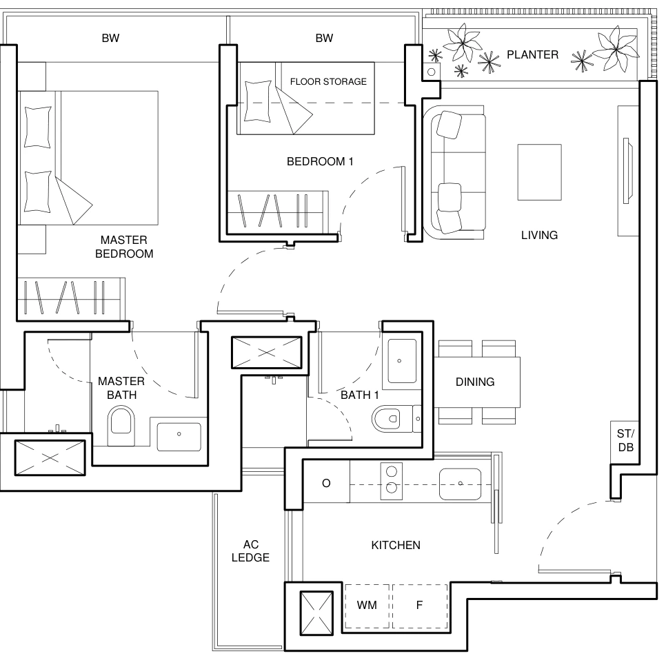 The Palette floor plan, type B1a-1: 2-Bedroom, 721 sq ft