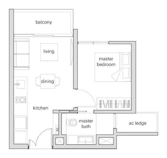 The Panorama floor plan, type 1a: 1-Bedroom, 431 sq ft
