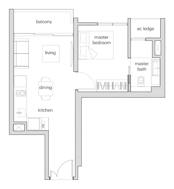The Panorama floor plan, type 1e: 1-Bedroom, 474 sq ft