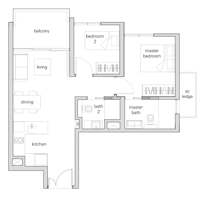 The Panorama floor plan, type 2a: 2-Bedroom, 700 sq ft