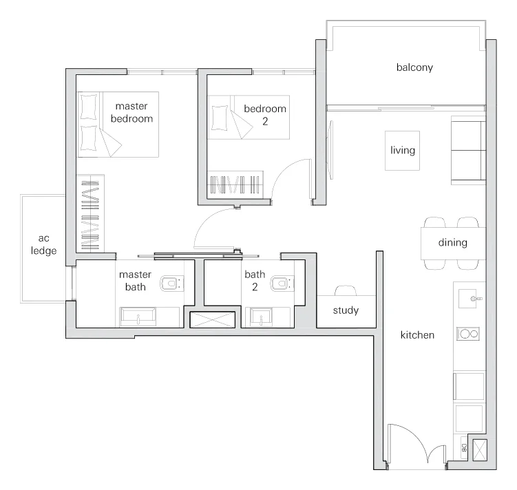 The Panorama floor plan, type 2Sa: 2-Bedroom + Study, 775 sq ft