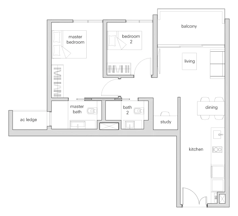 The Panorama floor plan, type 2Sb: 2-Bedroom + Study, 786 sq ft