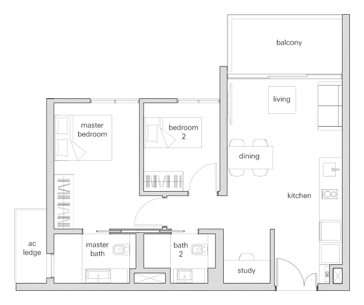 The Panorama floor plan, type 2Sc: 2-Bedroom + Study, 775 sq ft