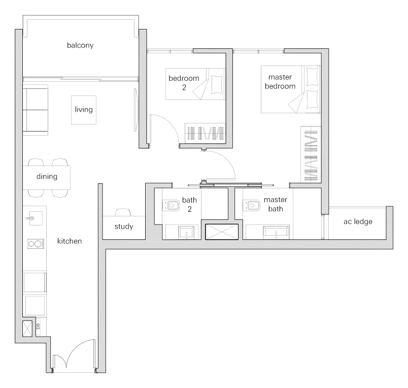 The Panorama floor plan, type 2Sd: 2-Bedroom + Study, 797 sq ft
