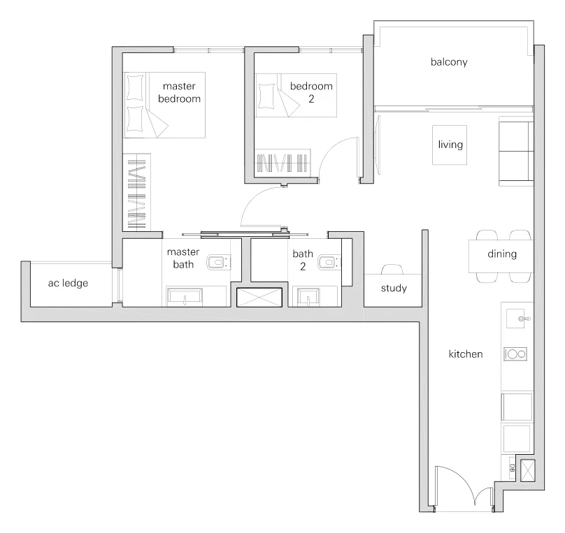 The Panorama floor plan, type 2Se: 2-Bedroom + Study, 797 sq ft