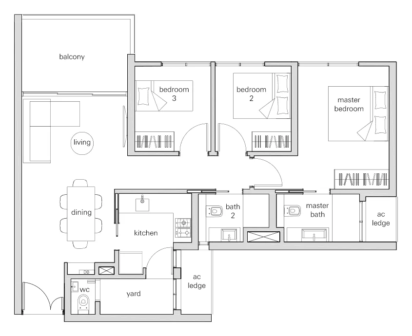 The Panorama floor plan, type 3a: 3-Bedroom, 1,012 sq ft