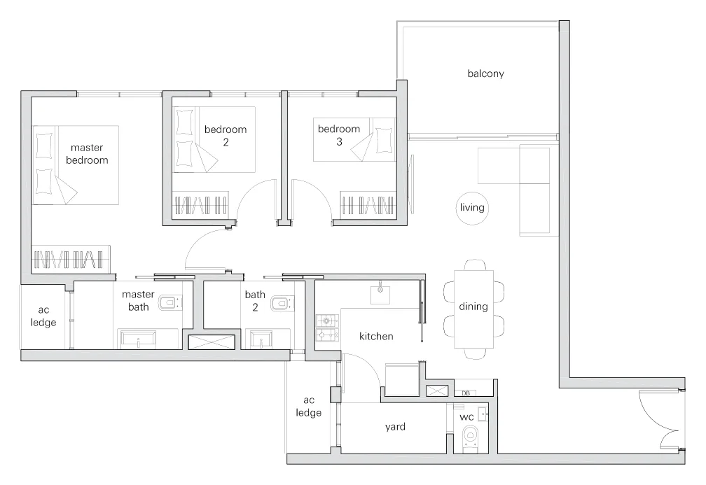 The Panorama floor plan, type 3b: 3-Bedroom, 1,066 sq ft