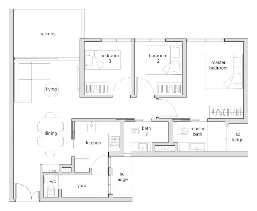 The Panorama floor plan, type 3c: 3-Bedroom, 1,012 sq ft