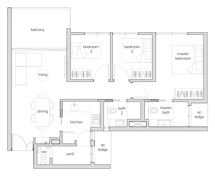 The Panorama floor plan, type 3d: 3-Bedroom, 990 sq ft