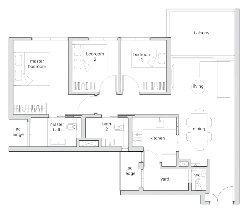 The Panorama floor plan, type 3e: 3-Bedroom, 1,023 sq ft