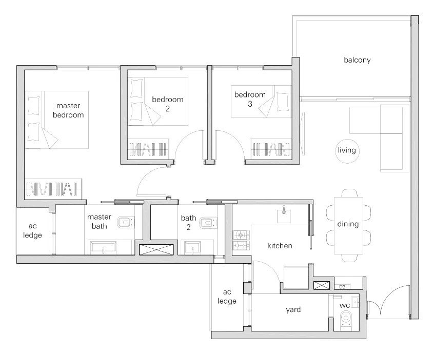 The Panorama floor plan, type 3f: 3-Bedroom, 1,001 sq ft