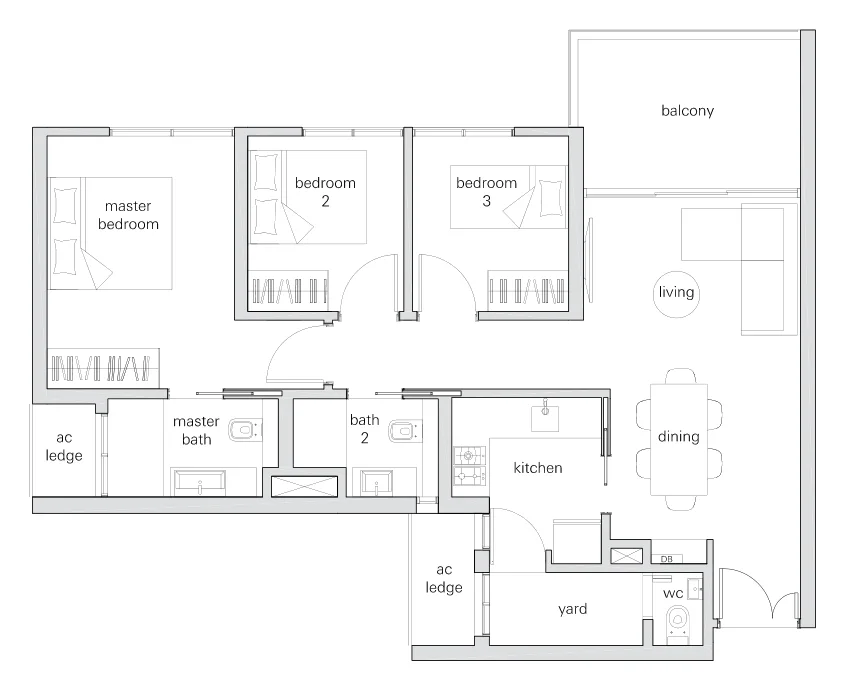 The Panorama floor plan, type 3g: 3-Bedroom, 1,001 sq ft