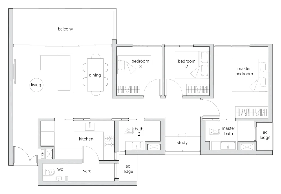 The Panorama floor plan, type 3Sa: 3-Bedroom + Study, 1,141 sq ft