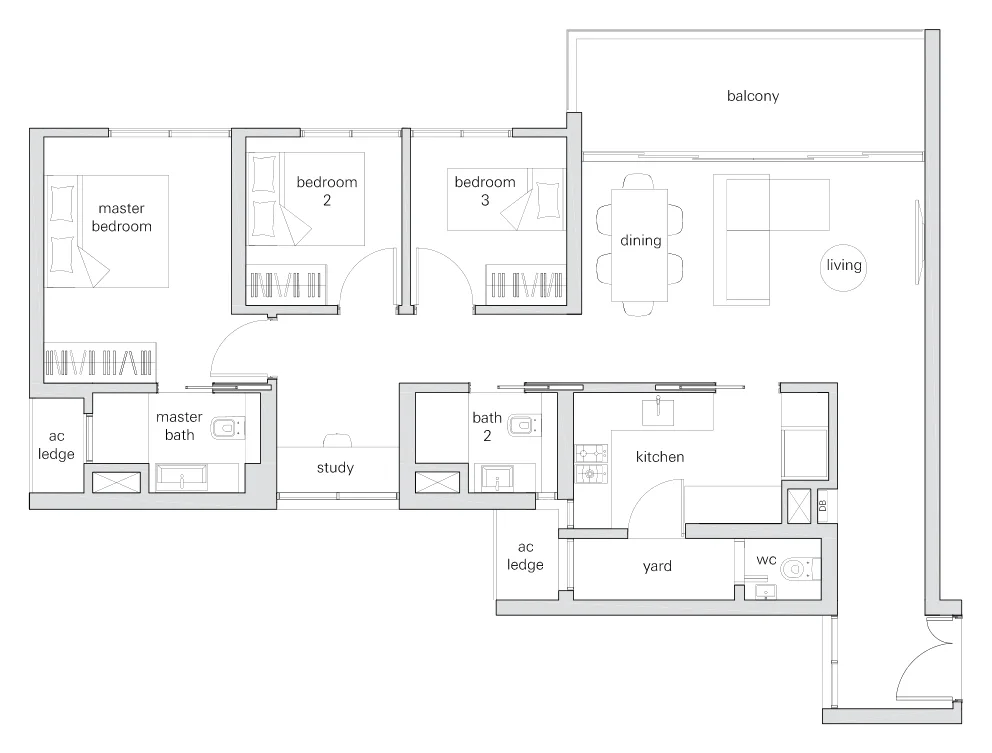 The Panorama floor plan, type 3Sb: 3-Bedroom + Study, 1,163 sq ft