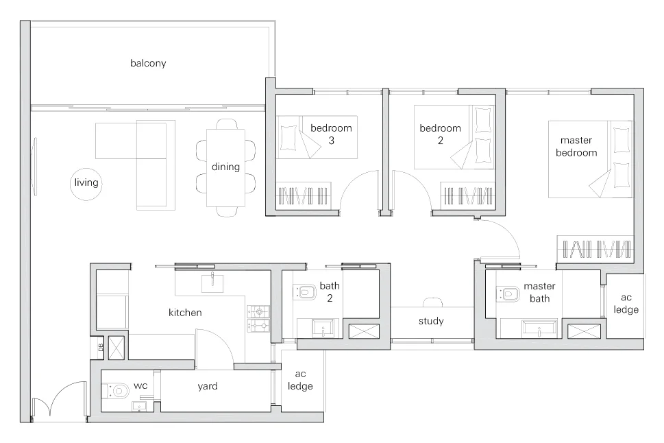 The Panorama floor plan, type 3Sc: 3-Bedroom + Study, 1,130 sq ft