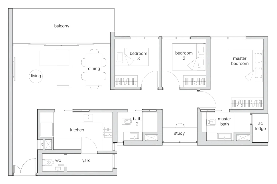 The Panorama floor plan, type 3Sd: 3-Bedroom + Study, 1,109 sq ft
