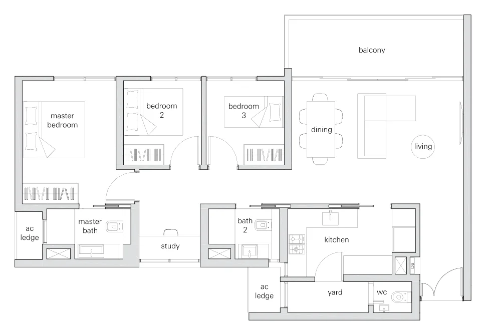 The Panorama floor plan, type 3Se: 3-Bedroom + Study, 1,141 sq ft