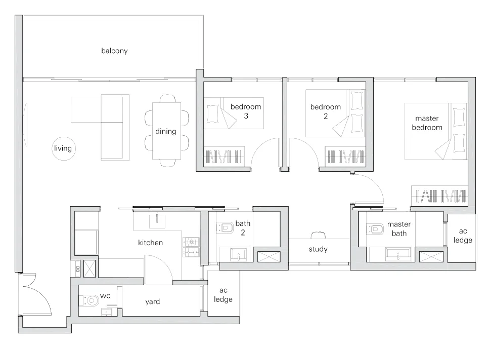 The Panorama floor plan, type 3Sf: 3-Bedroom + Study, 1,163 sq ft