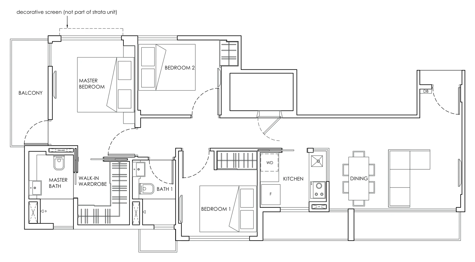 The Ramford floor plan, type B1: 3-Bedroom, 990 sq ft