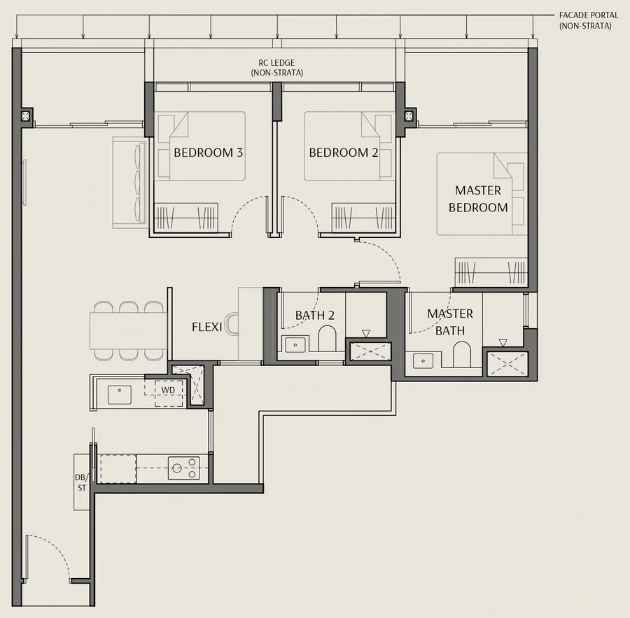 The Robertson Opus floor plan, type C4-S: 3 Bedroom + Flexi, 1,023 sq ft