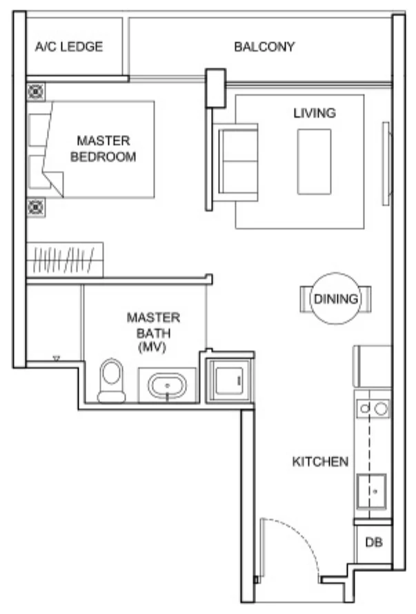 The Santorini floor plan, type A1: 1-Bedroom, 463 sq ft