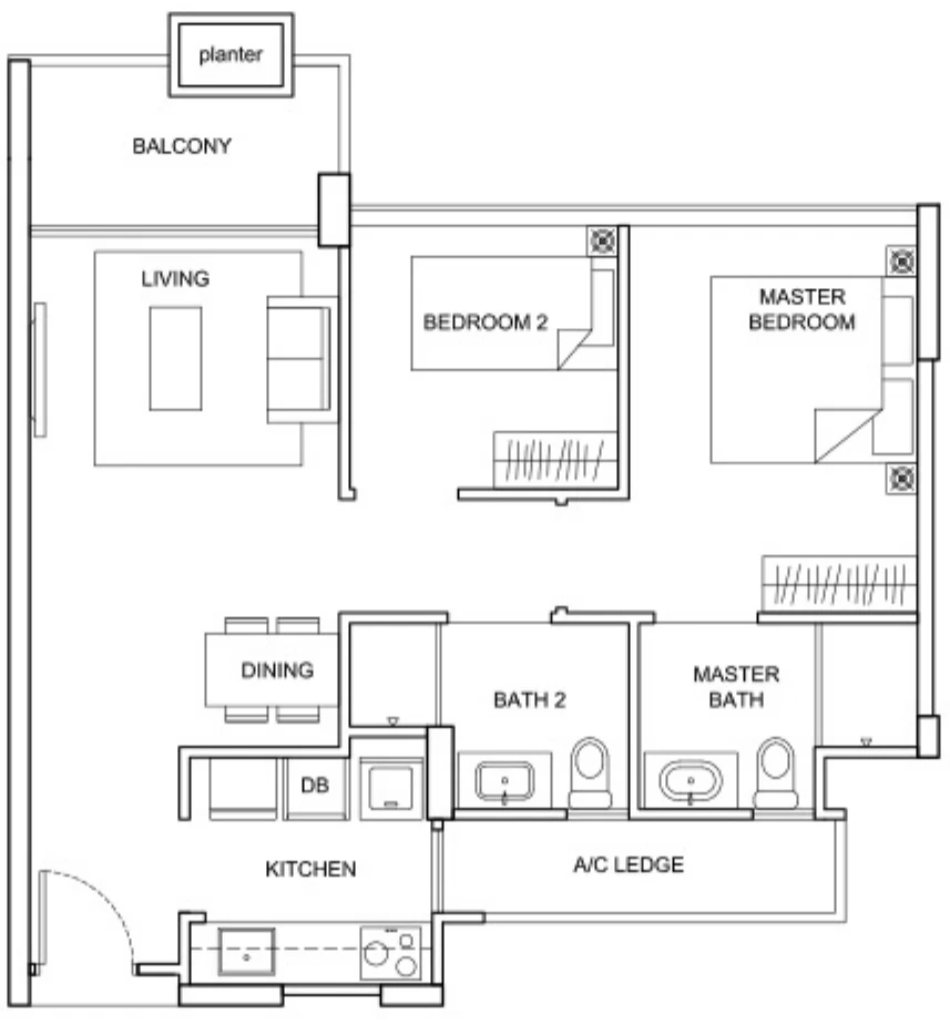 The Santorini floor plan, type B1: 2-Bedroom, 732 sq ft