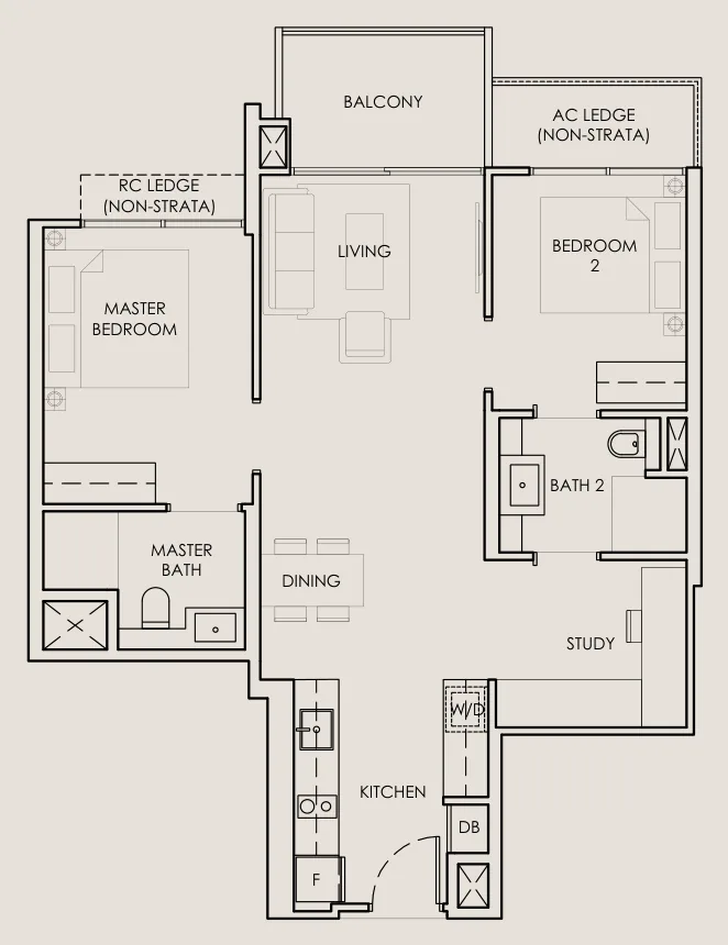 The Sen floor plan, type B4A: 2 Bedroom + Study, 775 sq ft