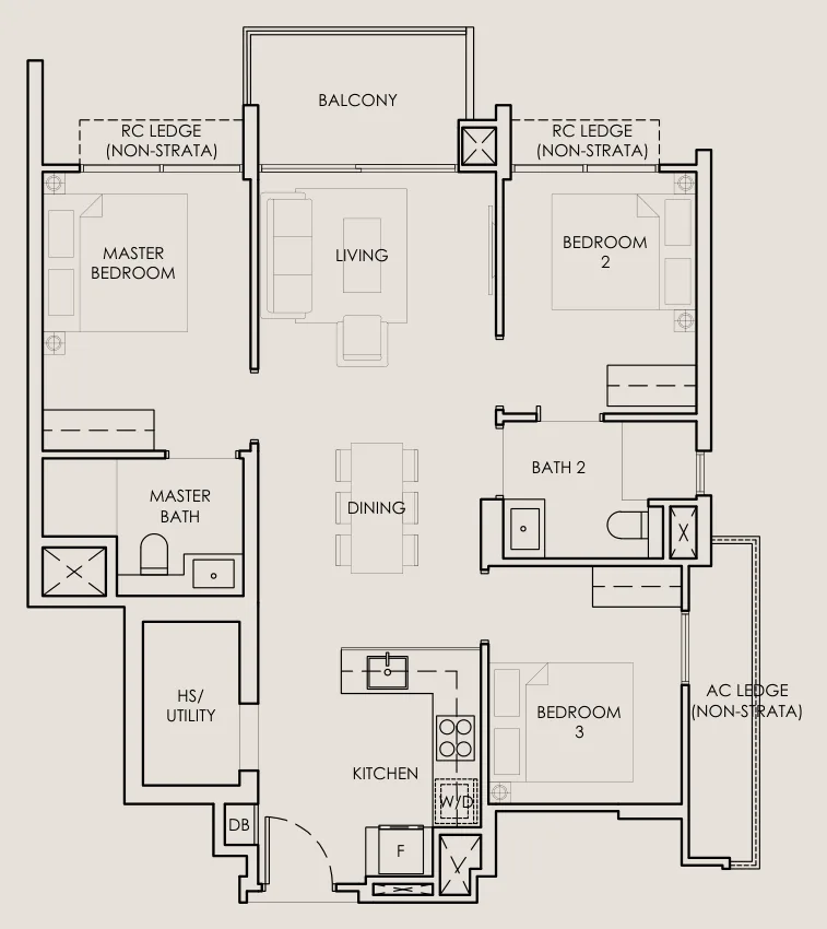 The Sen floor plan, type C1: 3 Bedroom, 872 sq ft