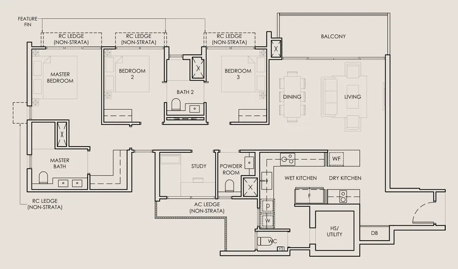 The Sen floor plan, type C4: 3 Bedroom + Study, 1,259 sq ft
