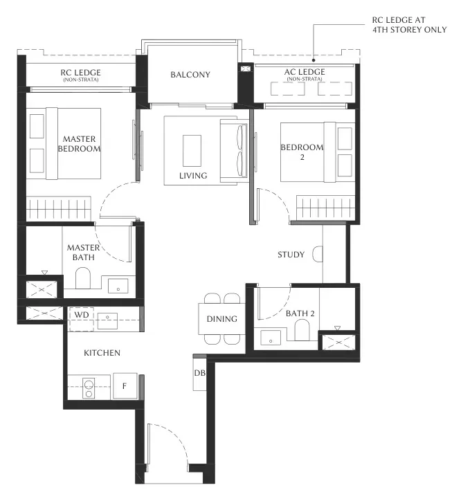 The Serra Residences floor plan, type B1: 2-Bedroom + Study (B1, B1a), 710 sq ft