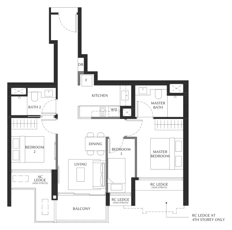 The Serra Residences floor plan, type C1: 3-Bedroom (C1), 764 sq ft