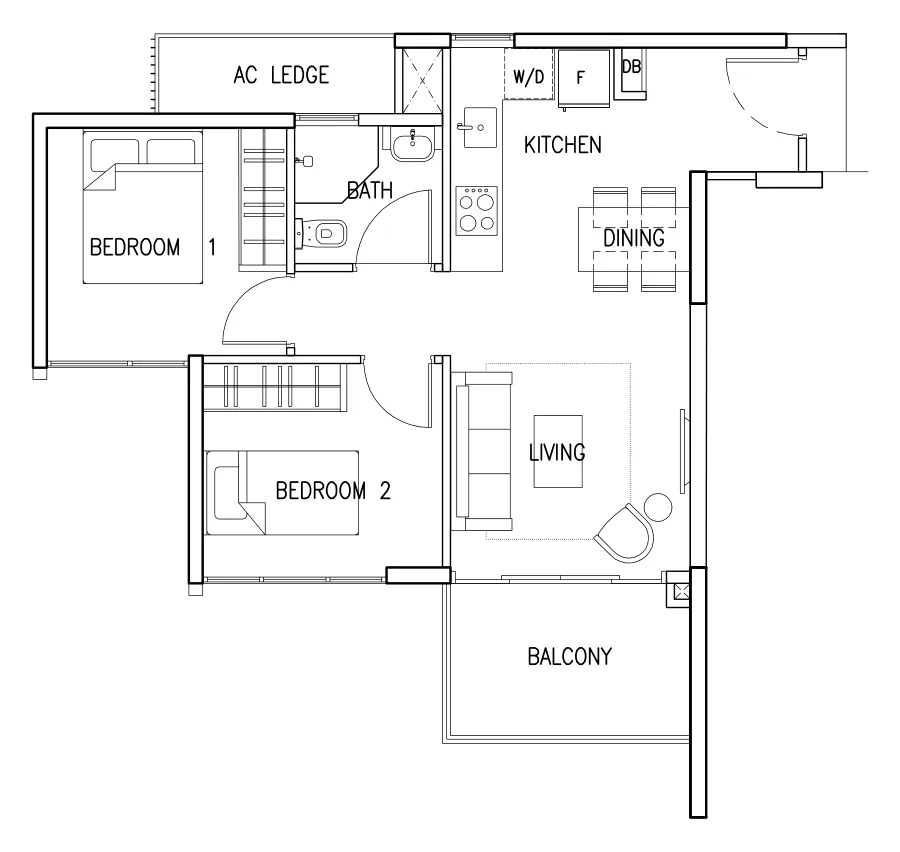 The Skywoods floor plan, type 2(C1): 2-Bedroom Type 2(C1), 614 sq ft