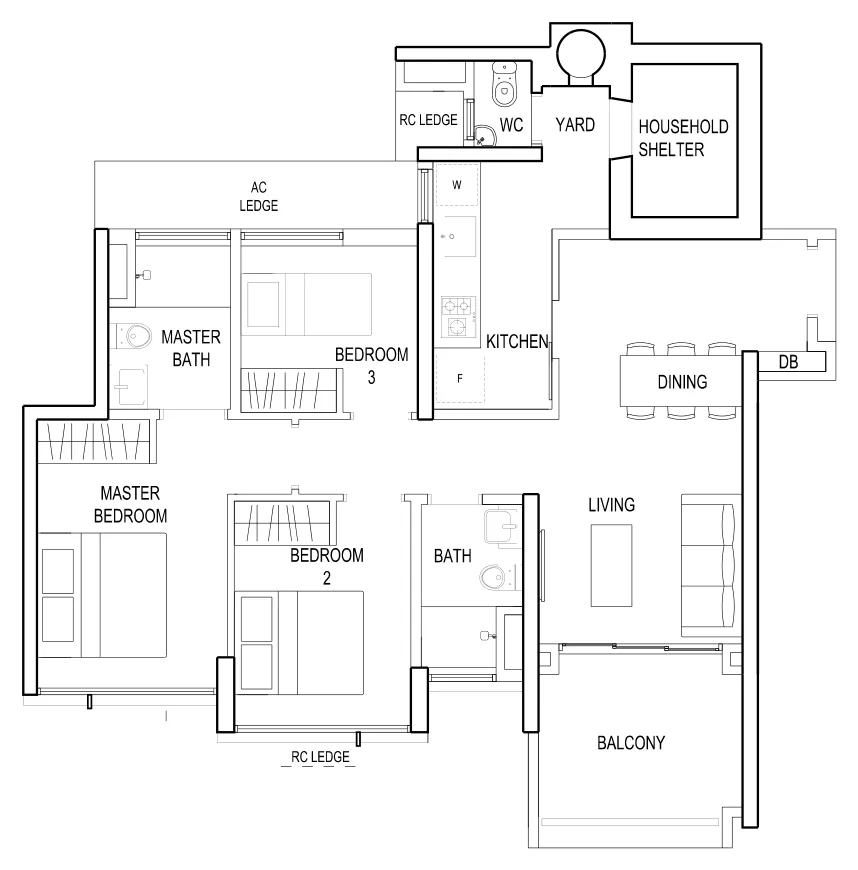 The Terrace floor plan, type A: 3 Bedroom (Type A), 1,001 sq ft