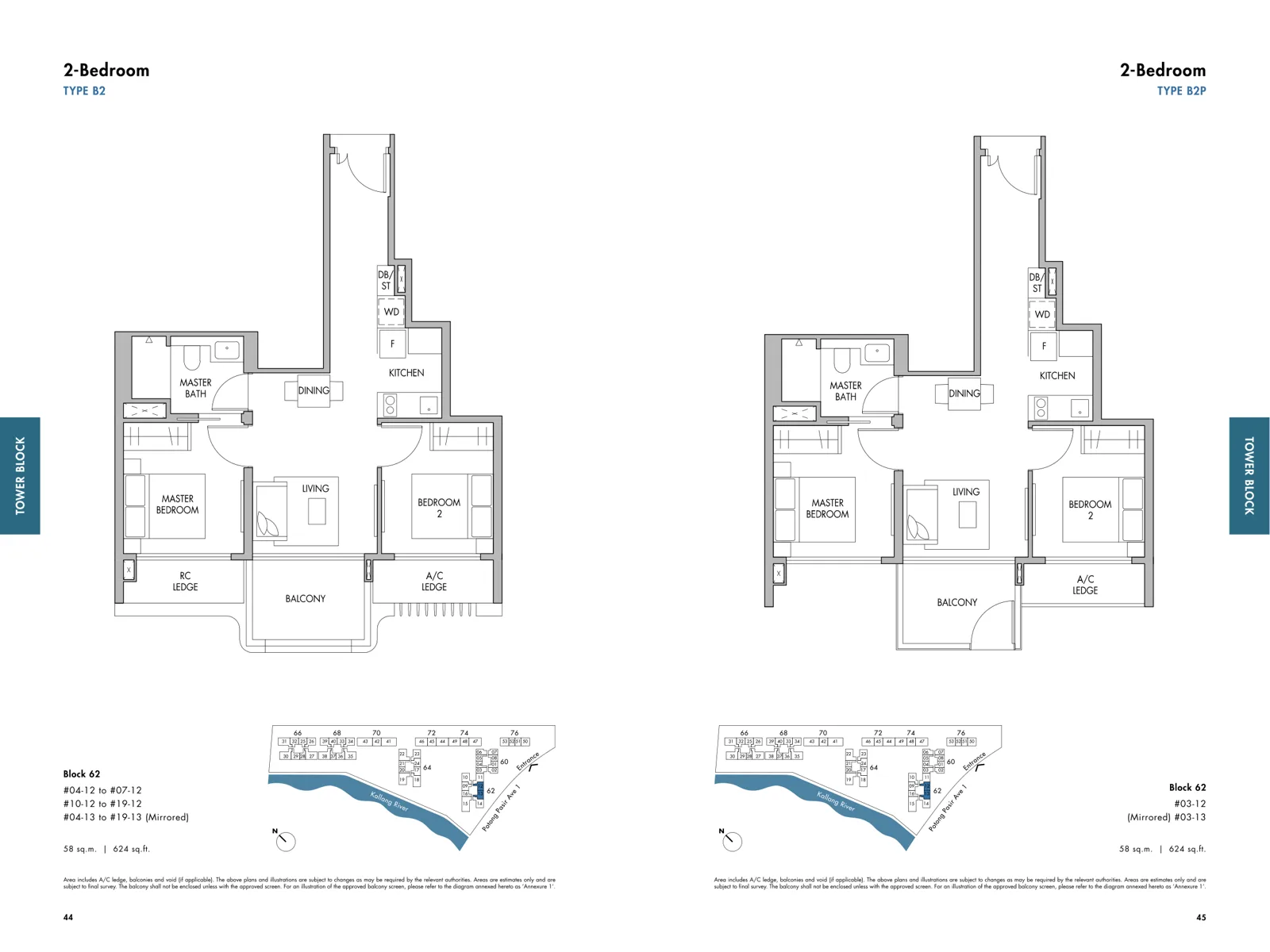 The Tre Ver floor plan, type B2: 2-Bedroom, 624 sq ft