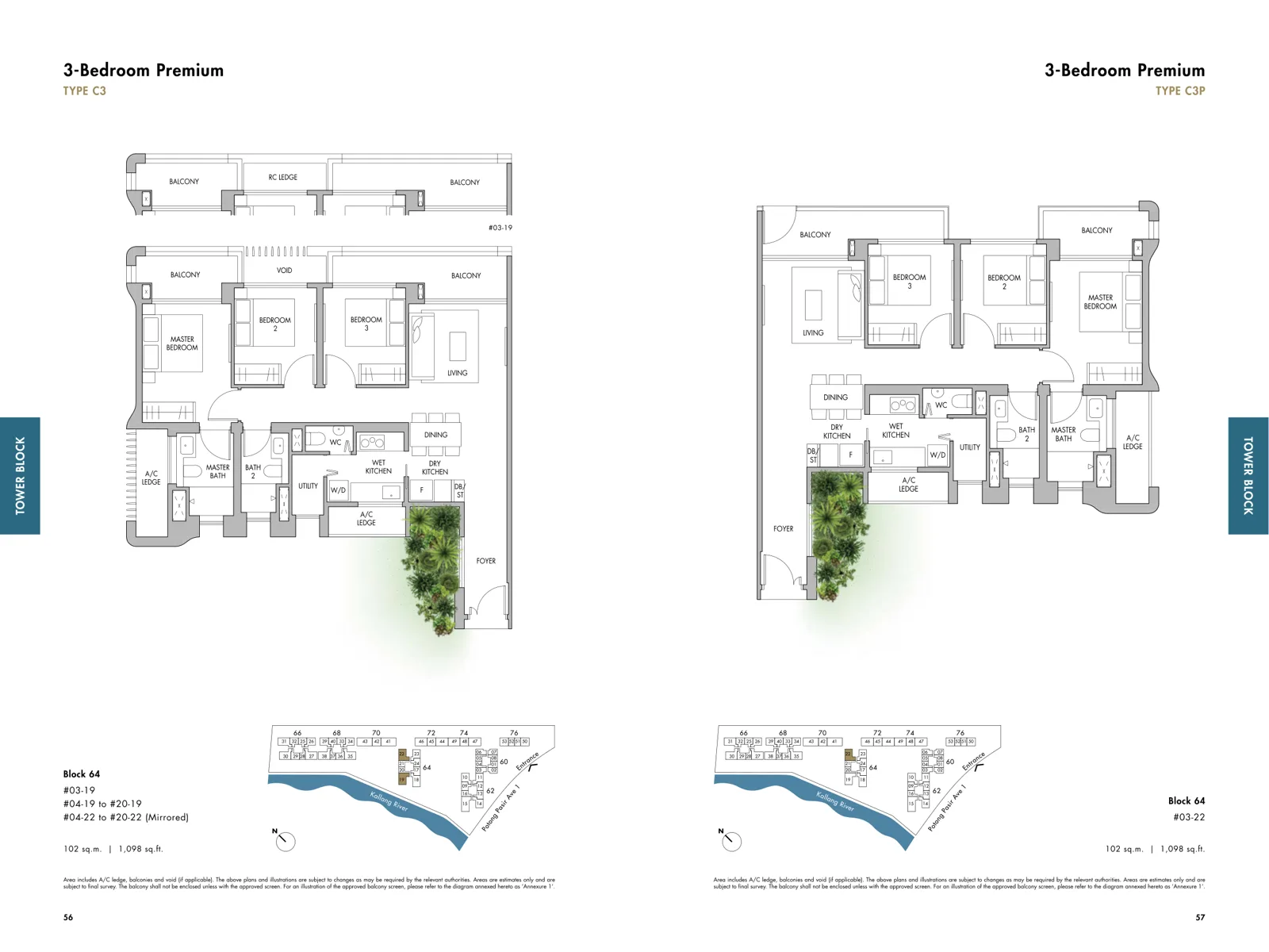 The Tre Ver floor plan, type C3: 3-Bedroom Premium, 1,098 sq ft