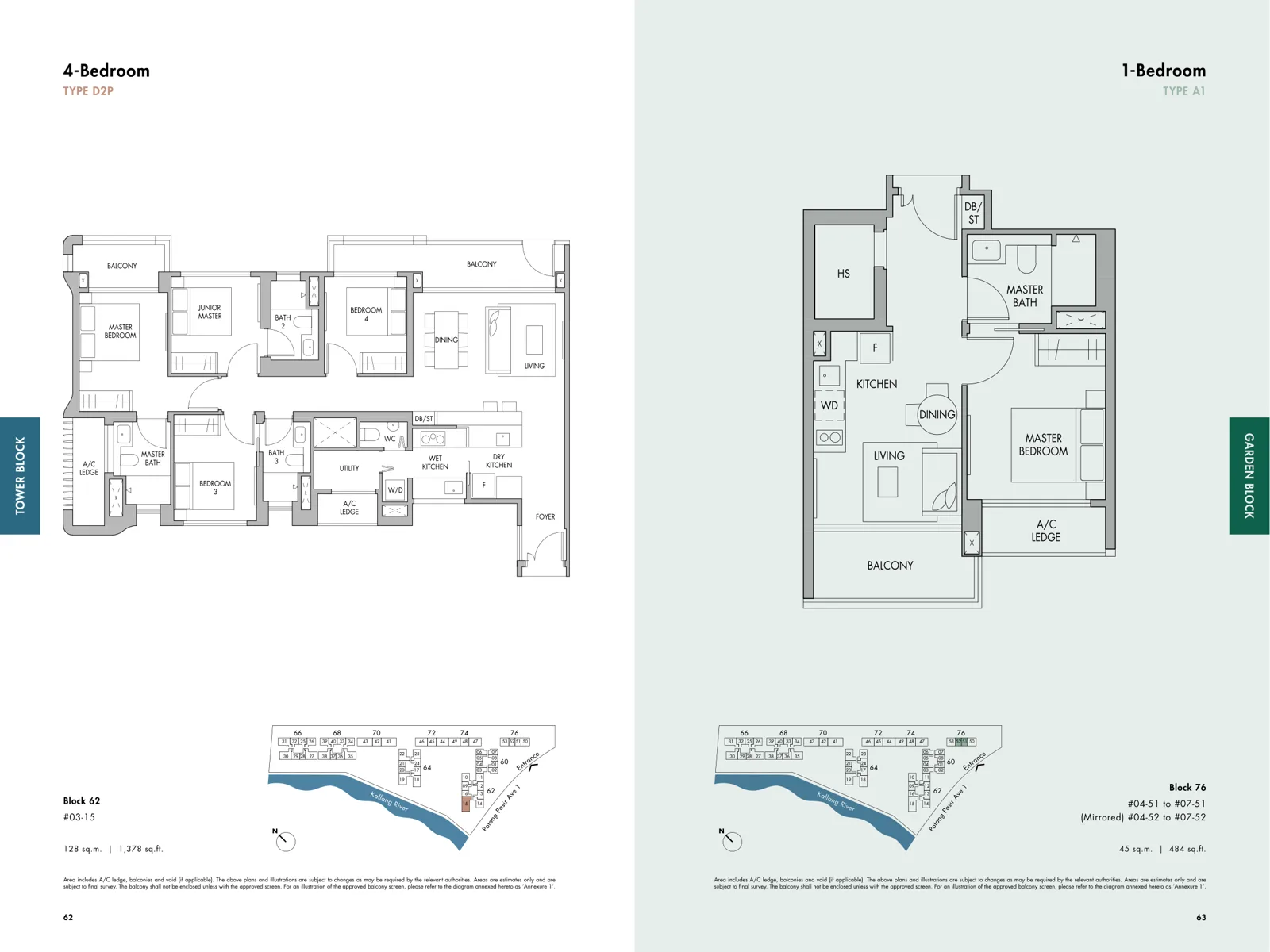 The Tre Ver floor plan, type A1: 1-Bedroom, 484 sq ft
