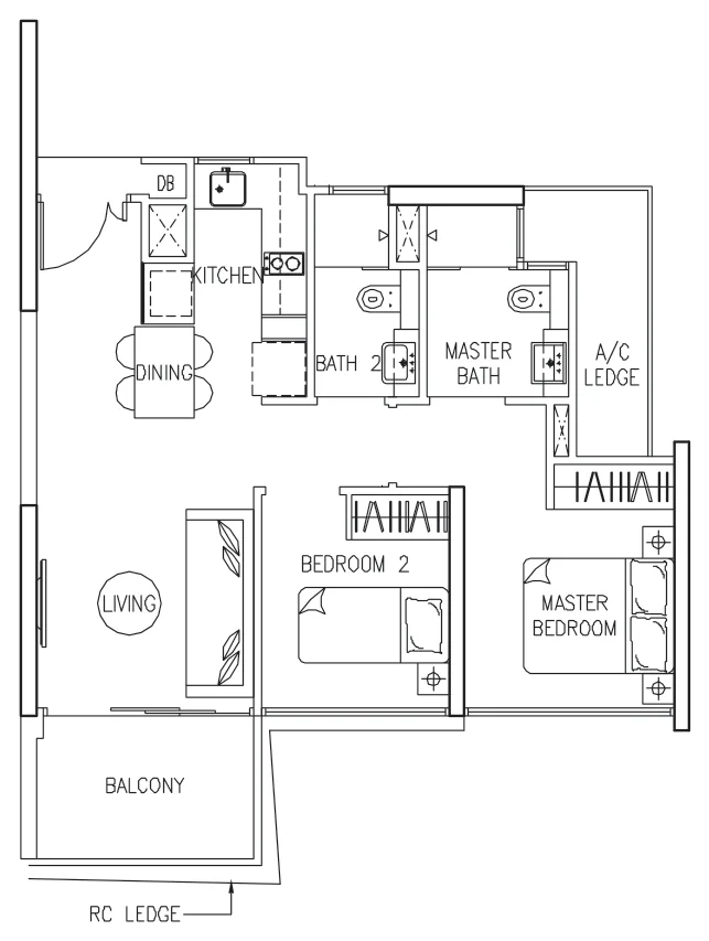 The Trilinq floor plan, type B1: 2-Bedroom, 700 sq ft