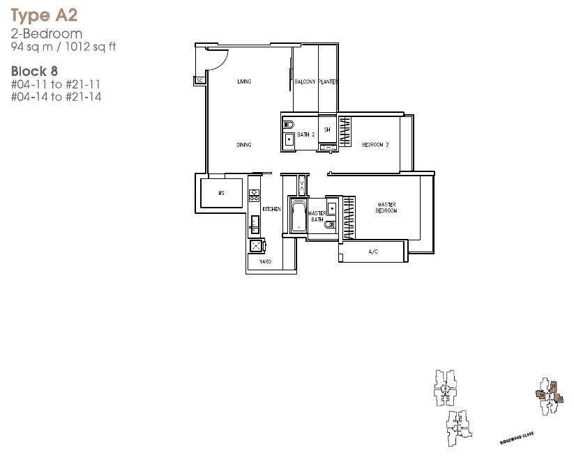 The Trizon floor plan, type A2: 2-Bedroom, 1,012 sq ft