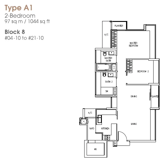 The Trizon floor plan, type A1: 2-Bedroom, 1,044 sq ft