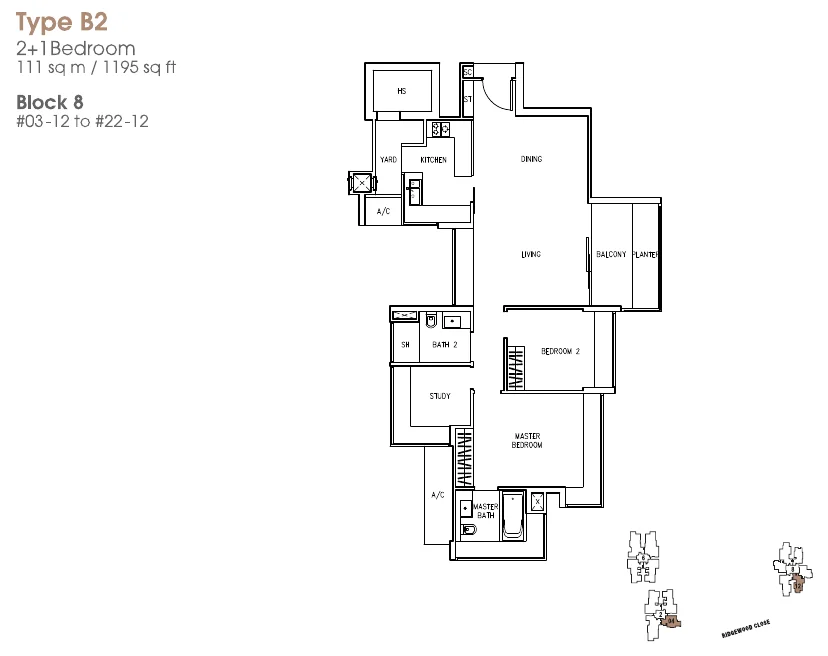 The Trizon floor plan, type B2: 2+1-Bedroom, 1,195 sq ft
