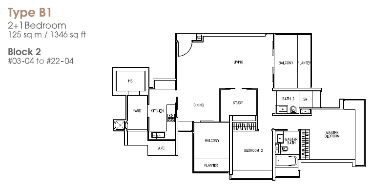 The Trizon floor plan, type B1: 2+1-Bedroom, 1,346 sq ft