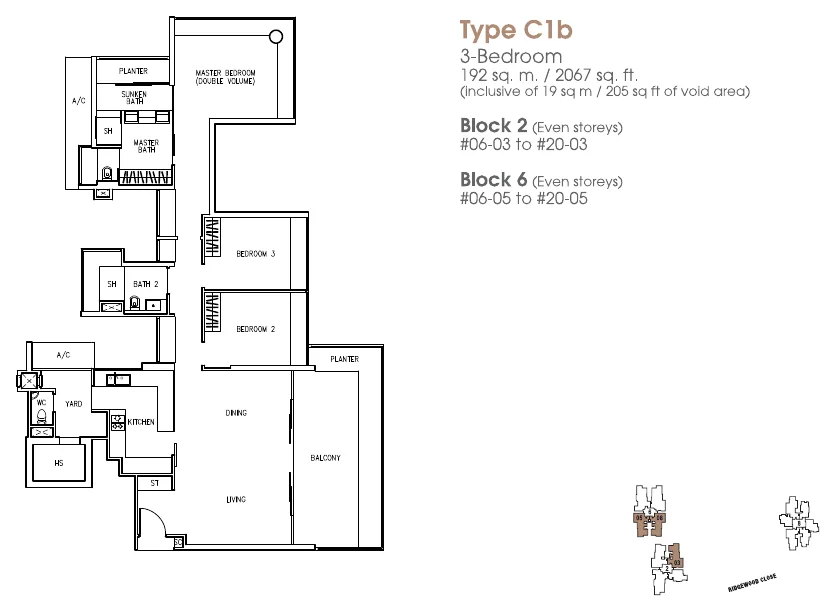 The Trizon floor plan, type C1b: 3-Bedroom, 2,067 sq ft