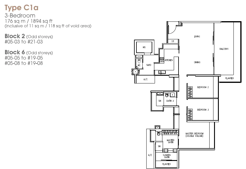 The Trizon floor plan, type C1a: 3-Bedroom, 1,894 sq ft