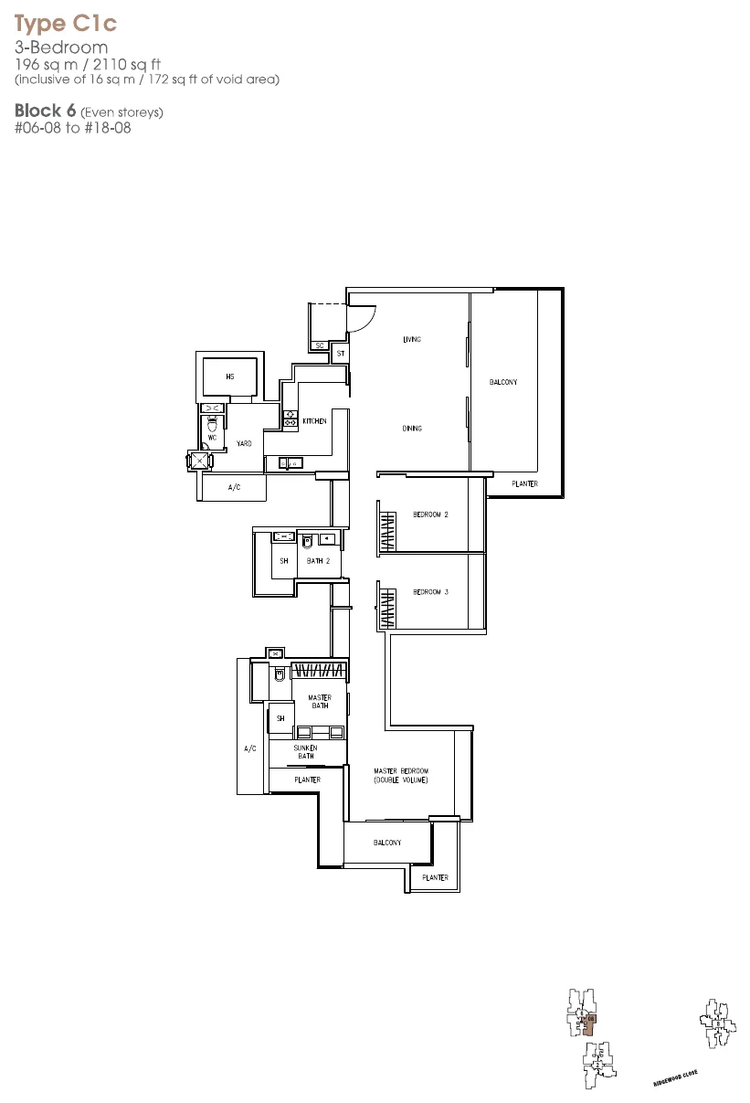 The Trizon floor plan, type C1c: 3-Bedroom, 2,110 sq ft