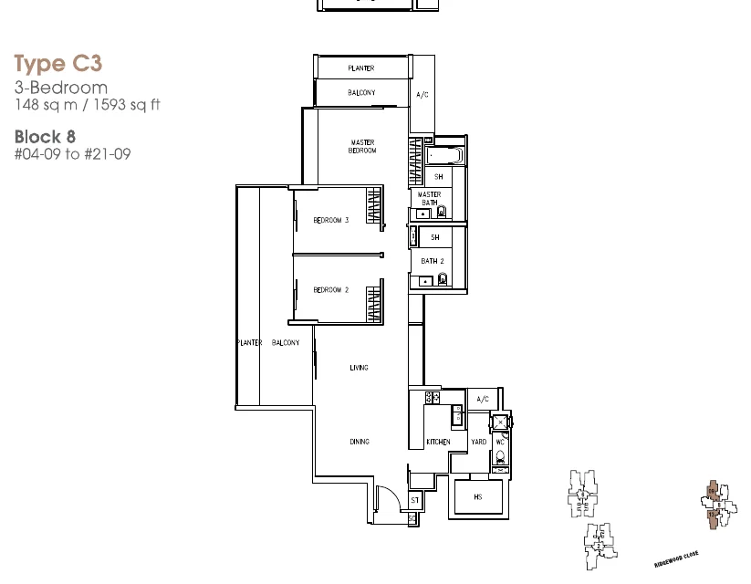 The Trizon floor plan, type C3: 3-Bedroom, 1,593 sq ft
