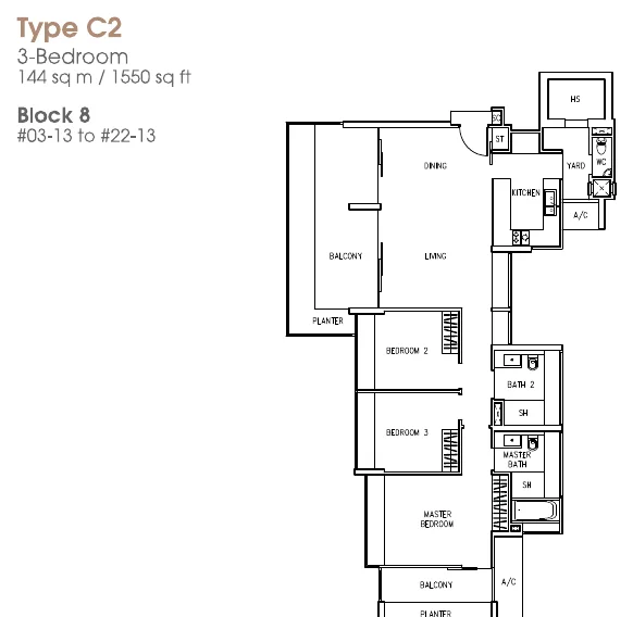 The Trizon floor plan, type C2: 3-Bedroom, 1,550 sq ft