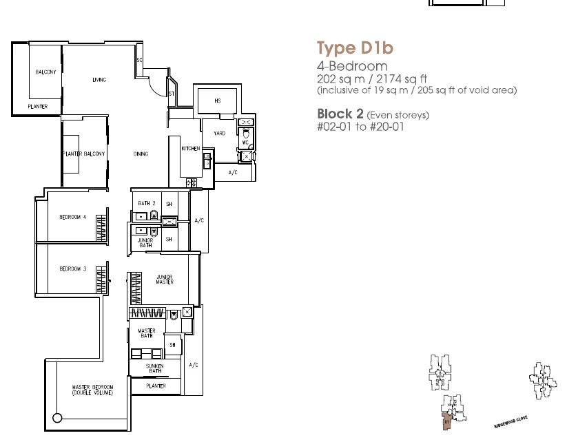 The Trizon floor plan, type D1b: 4-Bedroom, 2,174 sq ft